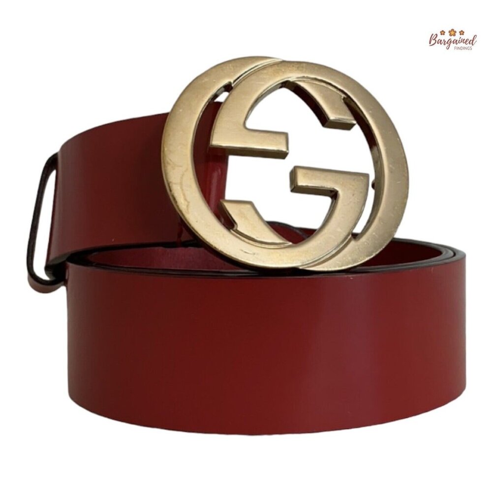 Authentic Gucci Red Coated Leather Gold Interlocking G Buckle Belt 85/34